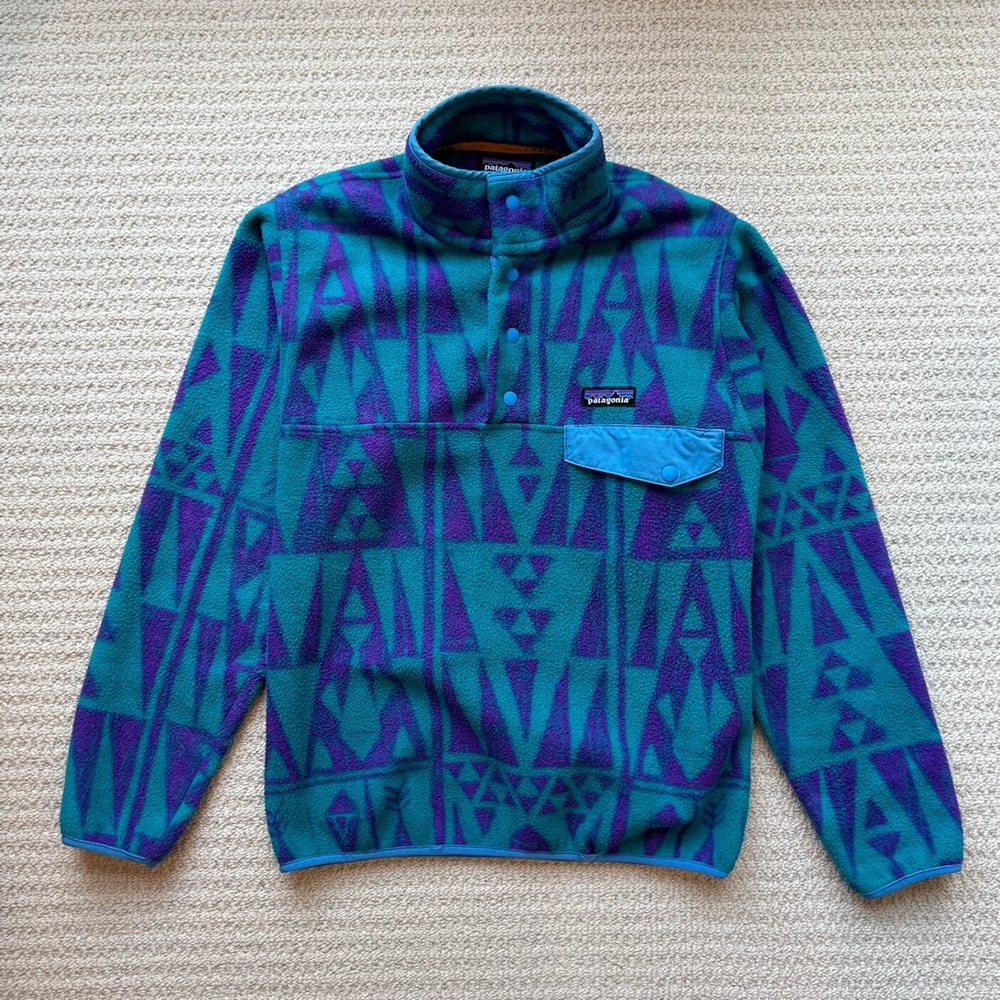 Patagonia Teal Purple Tribal Geo Synchilla Snap Fleece Pullover